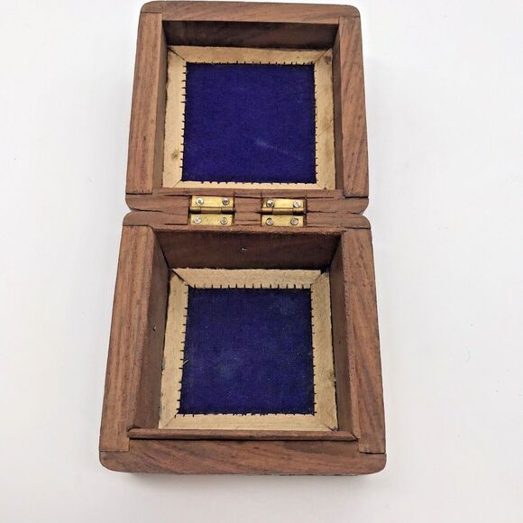 Vintage Hand Carved Wooden Box Inlay Flower Leaves Made In India Hinged Square - Picture 11 of 15